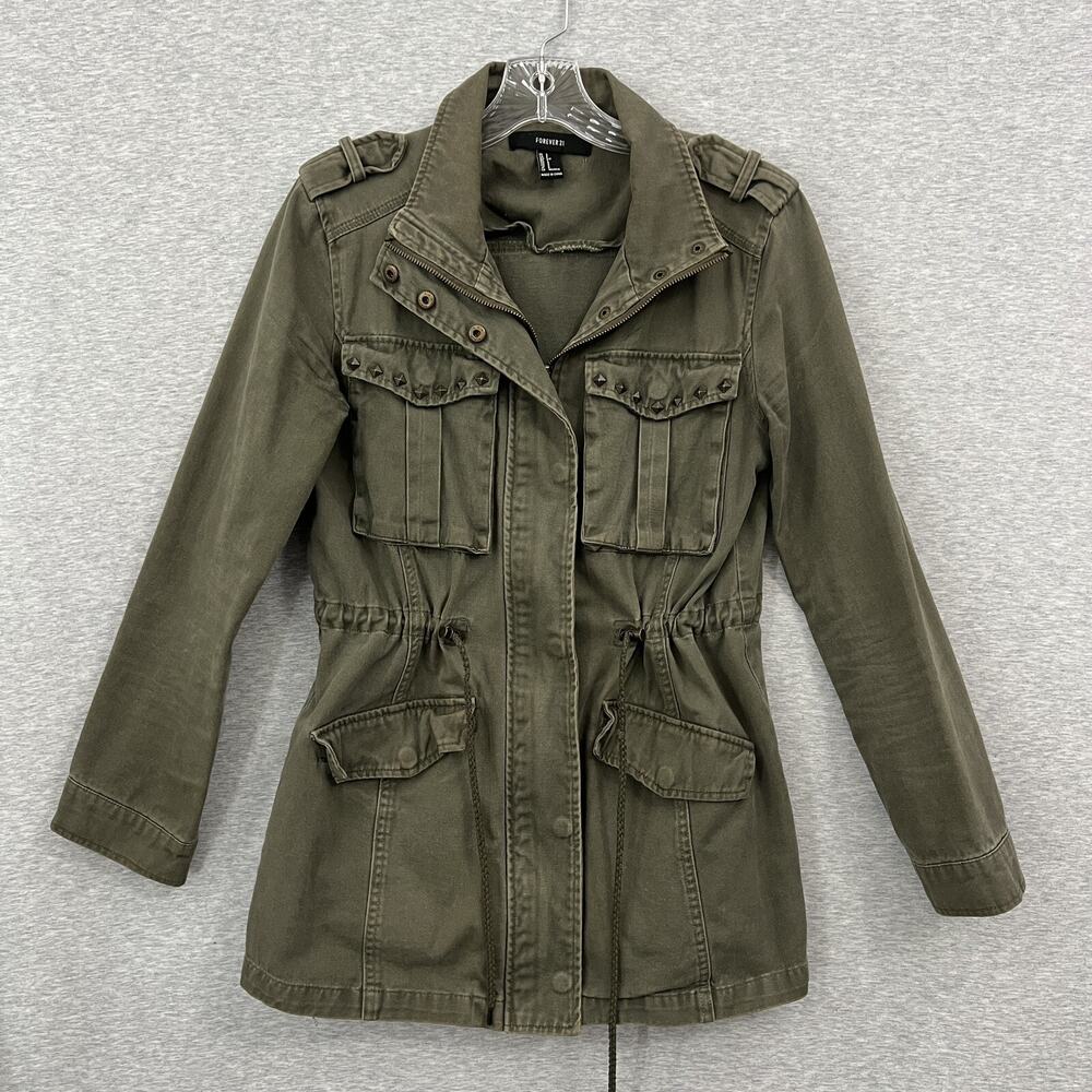 Forever 21 Jacket Womens Small‎ Green Utility Brass Studs Military Army Gorp Zip